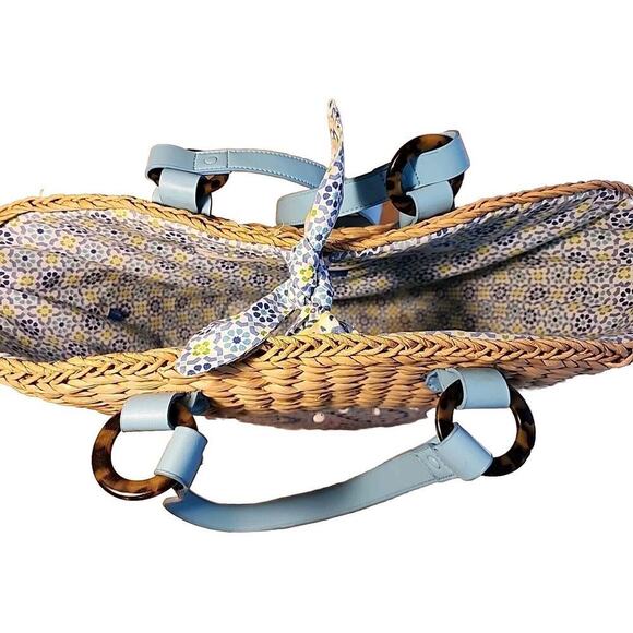 Vera Bradley XLARGE Capri Blue Woven Straw Beach Tote Bag W Sea Shells - Picture 5 of 8